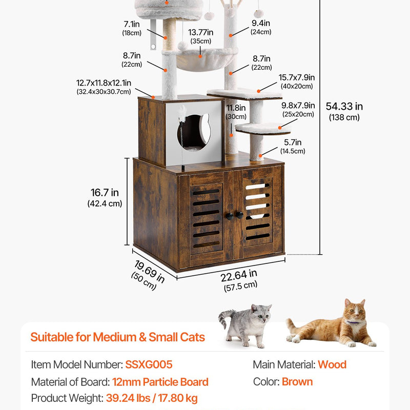 VEVOR liels 2-in-1 kaķu tornis un tualetes skapītis - iekštelpu kaķu rotaļu māja