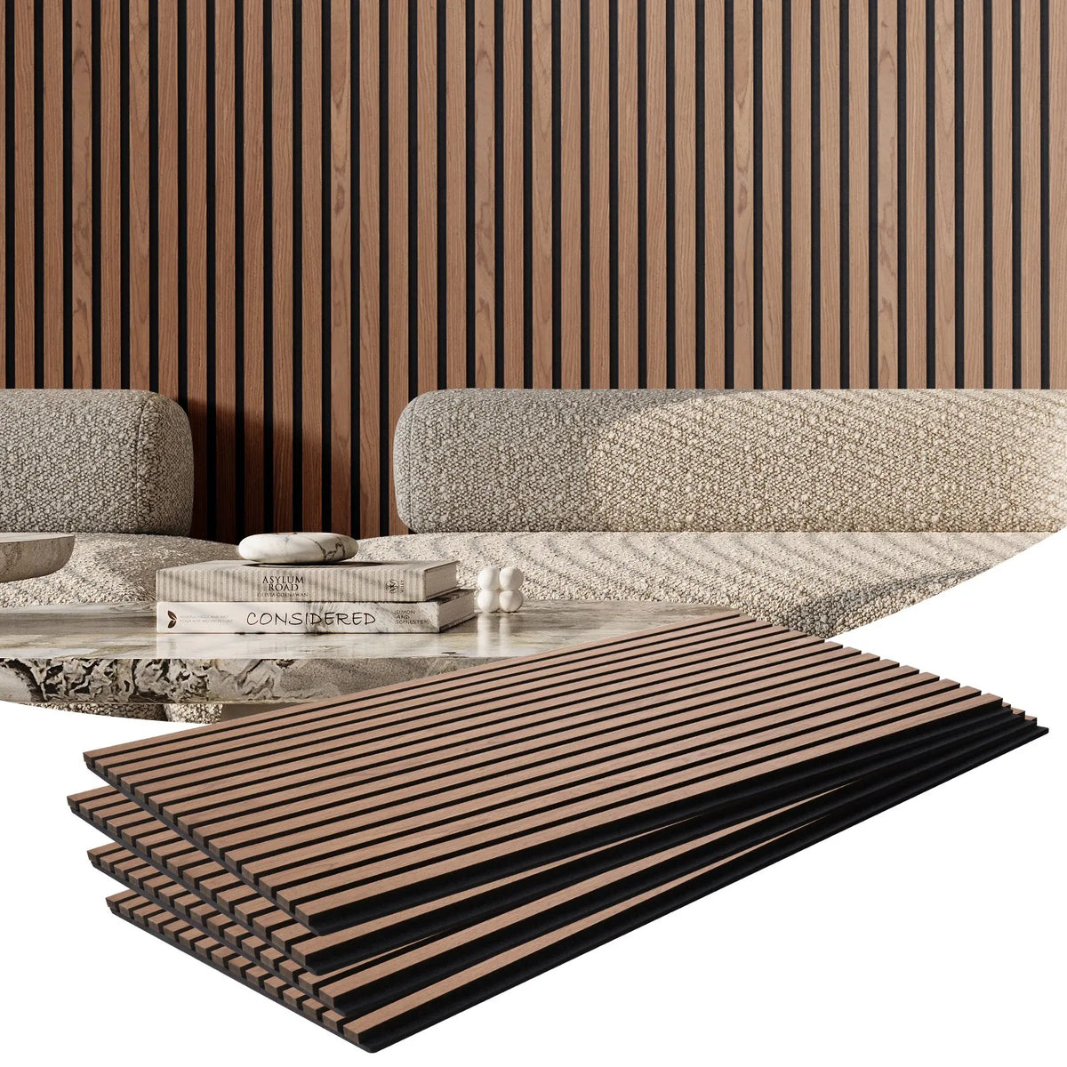 VEVOR Wood Slat Acoustic Panels, 600 × 1200 mm, MDF Accent Wood Wall Panels for Modern Interior, Artificial Wood Wall Panels for Stylish Décor and Noise Reduction, Walnut Colour