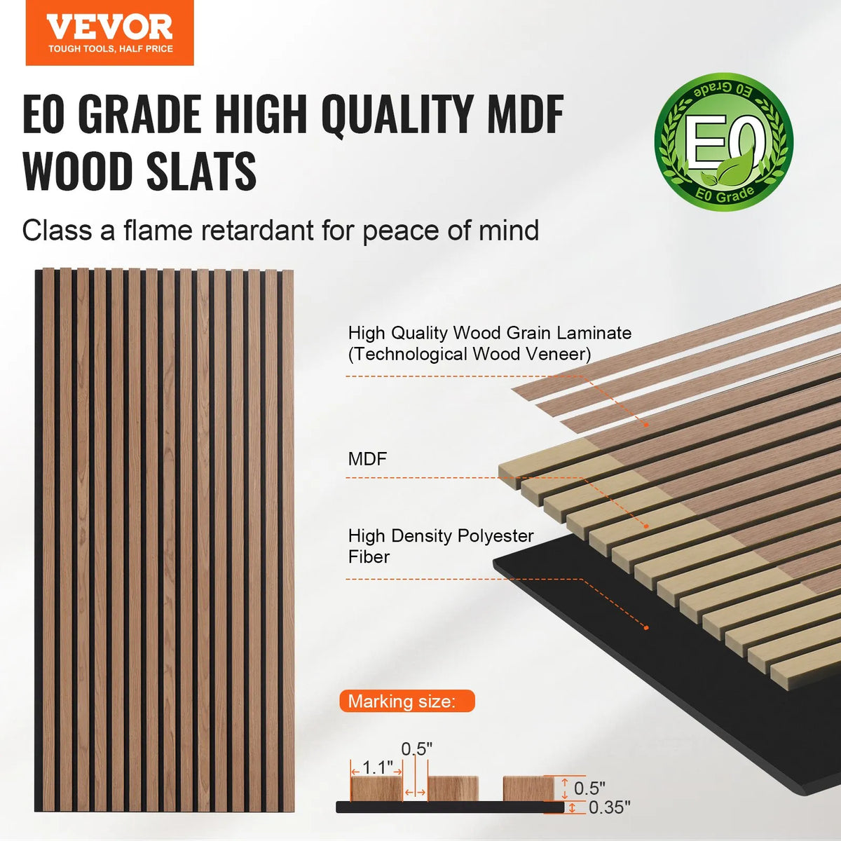 VEVOR Wood Slat Acoustic Panels, 600 × 1200 mm, MDF Accent Wood Wall Panels for Modern Interior, Artificial Wood Wall Panels for Stylish Décor and Noise Reduction, Walnut Colour
