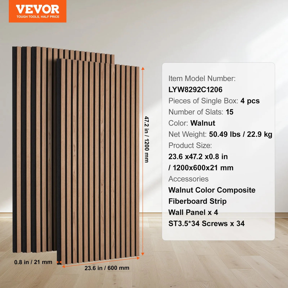 VEVOR Wood Slat Acoustic Panels, 600 × 1200 mm, MDF Accent Wood Wall Panels for Modern Interior, Artificial Wood Wall Panels for Stylish Décor and Noise Reduction, Walnut Colour