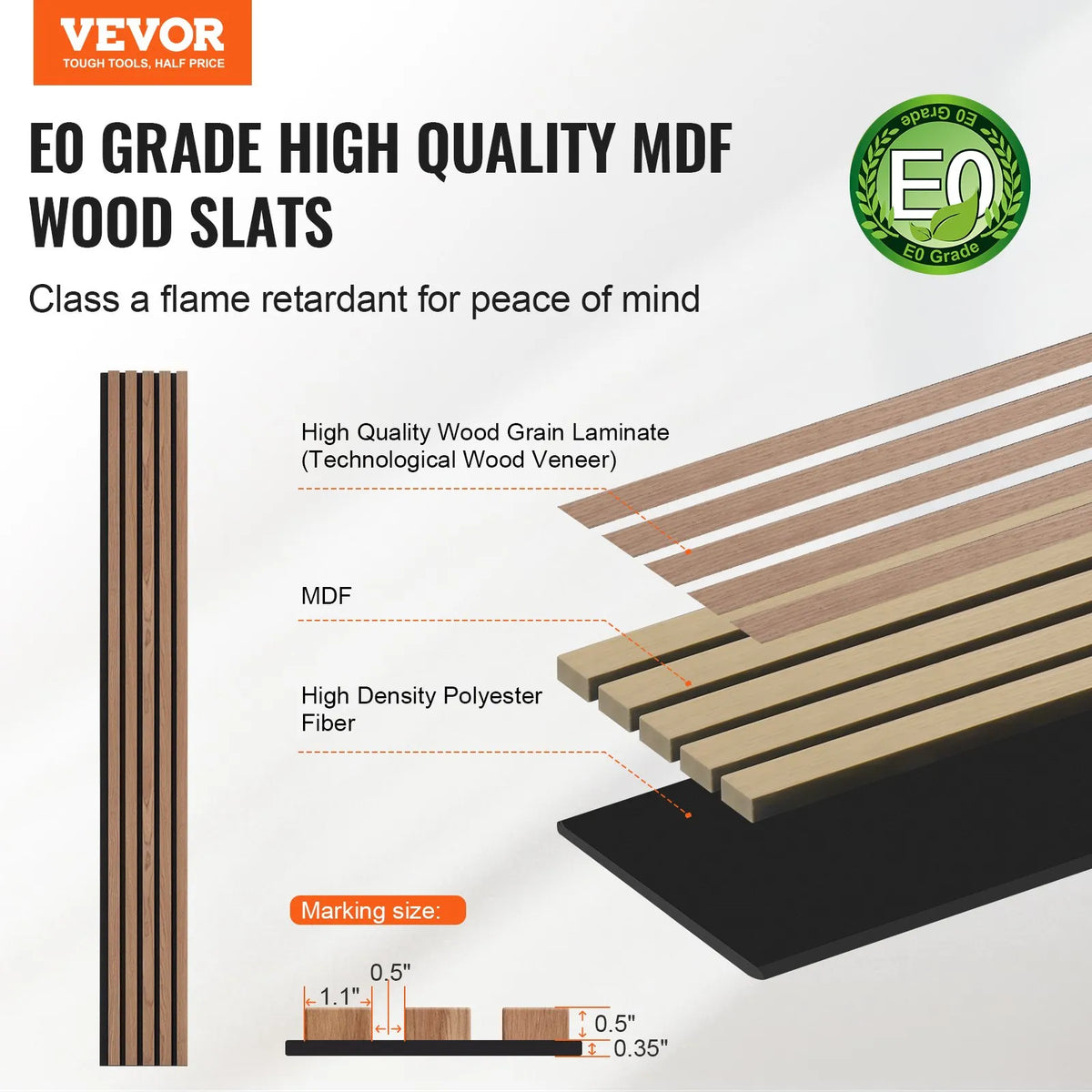 VEVOR Wood Slat Acoustic Panels, 200 × 2400 mm, MDF Accent Wood Wall Panels for Modern Interior, Artificial Wood Wall Panels for Stylish Décor and Noise Reduction, Walnut Colour