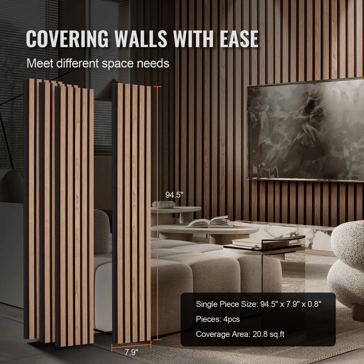 VEVOR Wood Slat Acoustic Panels, 200 × 2400 mm, MDF Accent Wood Wall Panels for Modern Interior, Artificial Wood Wall Panels for Stylish Décor and Noise Reduction, Walnut Colour