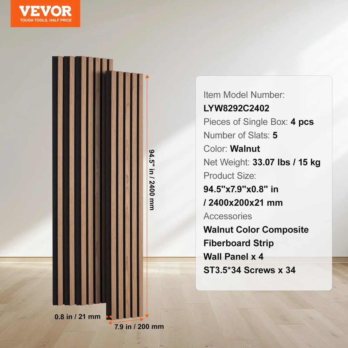 VEVOR Wood Slat Acoustic Panels, 200 × 2400 mm, MDF Accent Wood Wall Panels for Modern Interior, Artificial Wood Wall Panels for Stylish Décor and Noise Reduction, Walnut Colour
