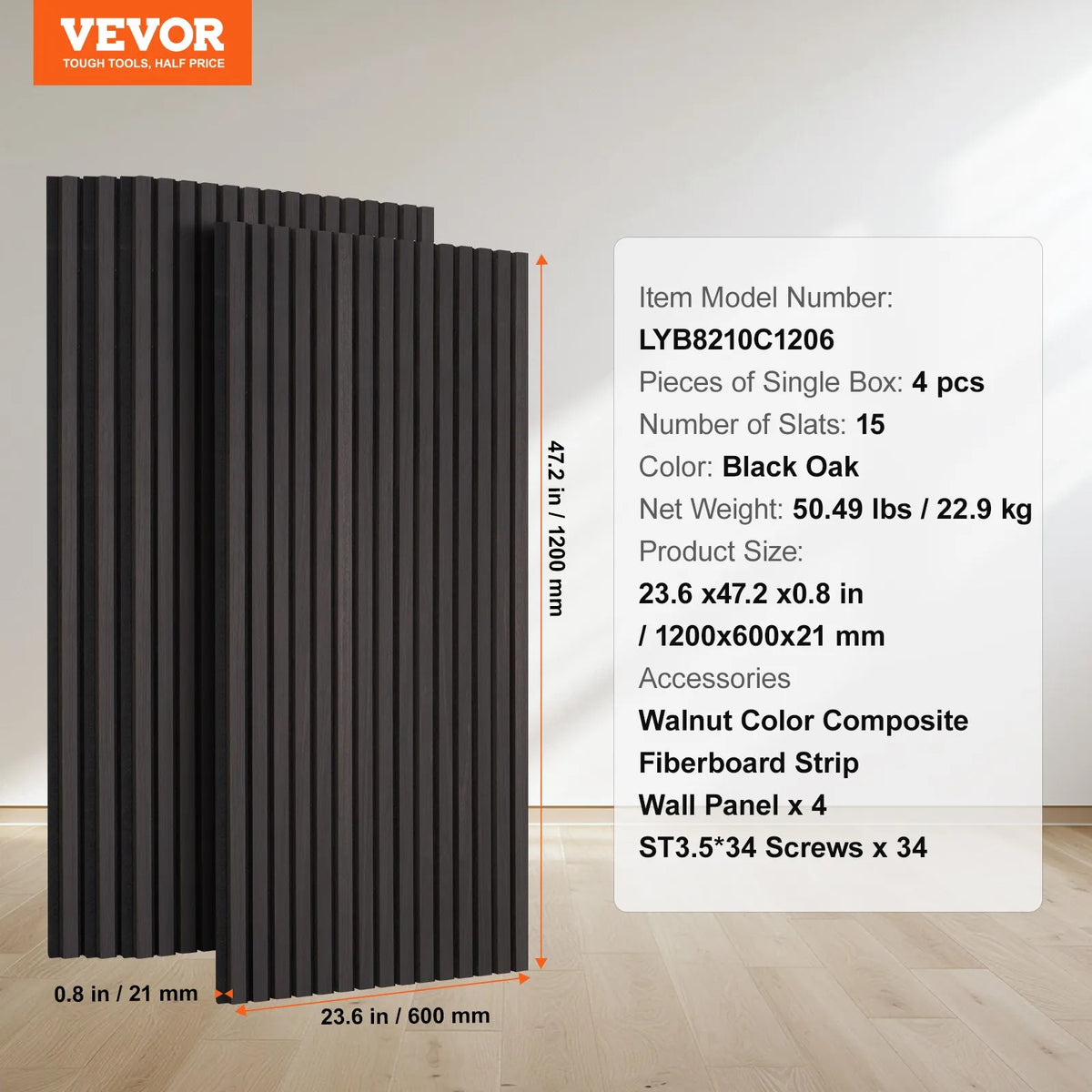 VEVOR koka līstu akustiskie paneļi, 600 × 1200 мм, MDF akcenta koka sienas paneļi modernam interjera dekoram, mākslīgā koka sienas paneļi trokšņu samazināšanai, melnā ozola krāsā