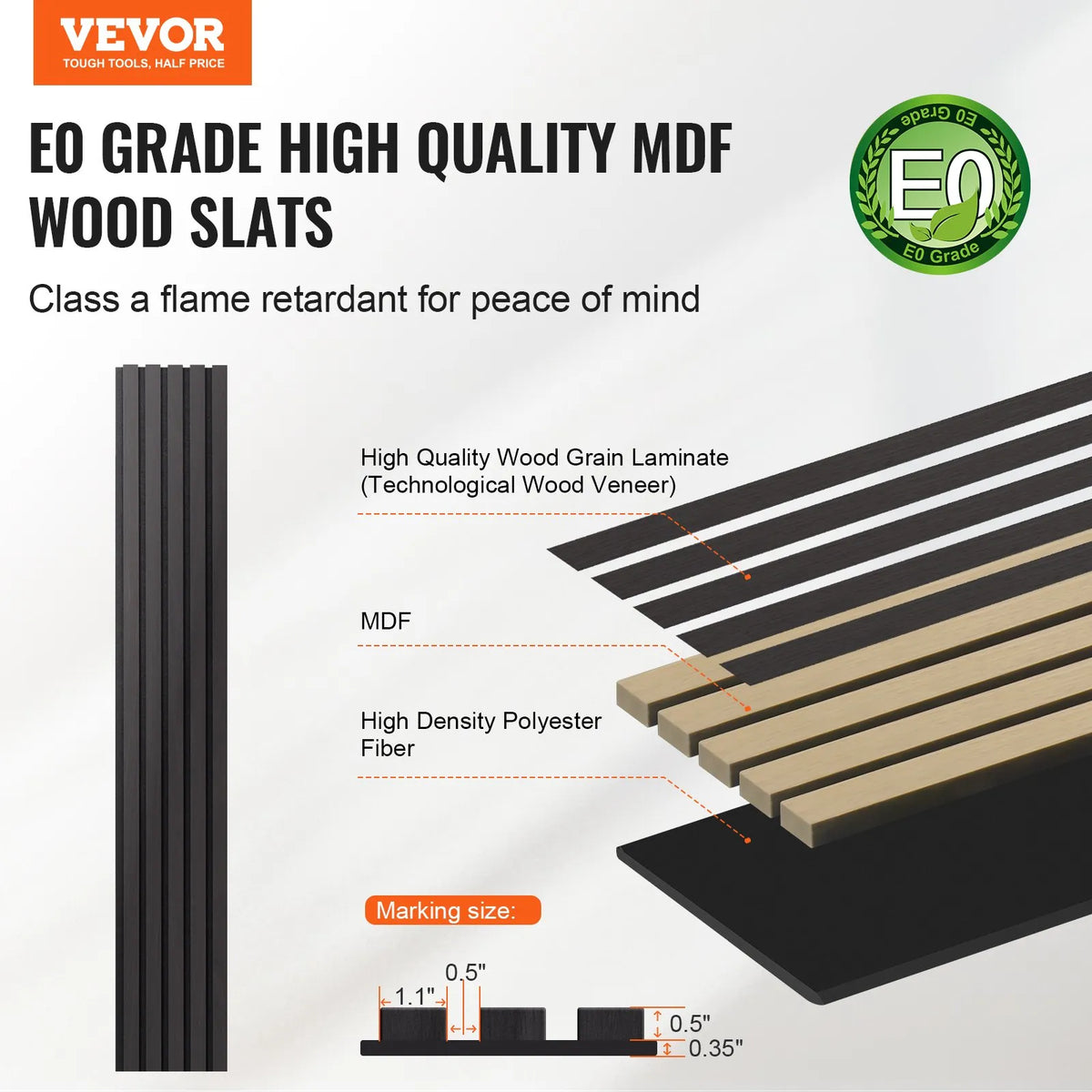 VEVOR Wood Slat Acoustic Panels, 200 × 2400 mm, MDF Accent Wall Panels for Modern Interior Design, Artificial Wood Wall Panels for Noise Reduction, Black Oak Colour