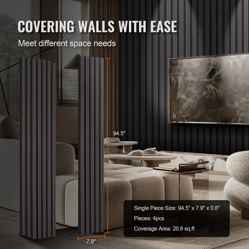 VEVOR koka līstu akustiskie paneļi, 200 × 2400 mm, MDF akcenta sienas paneļi modernam interjera dizainam, mākslīgā koka sienas paneļi trokšņu samazināšanai, melnā ozola krāsā