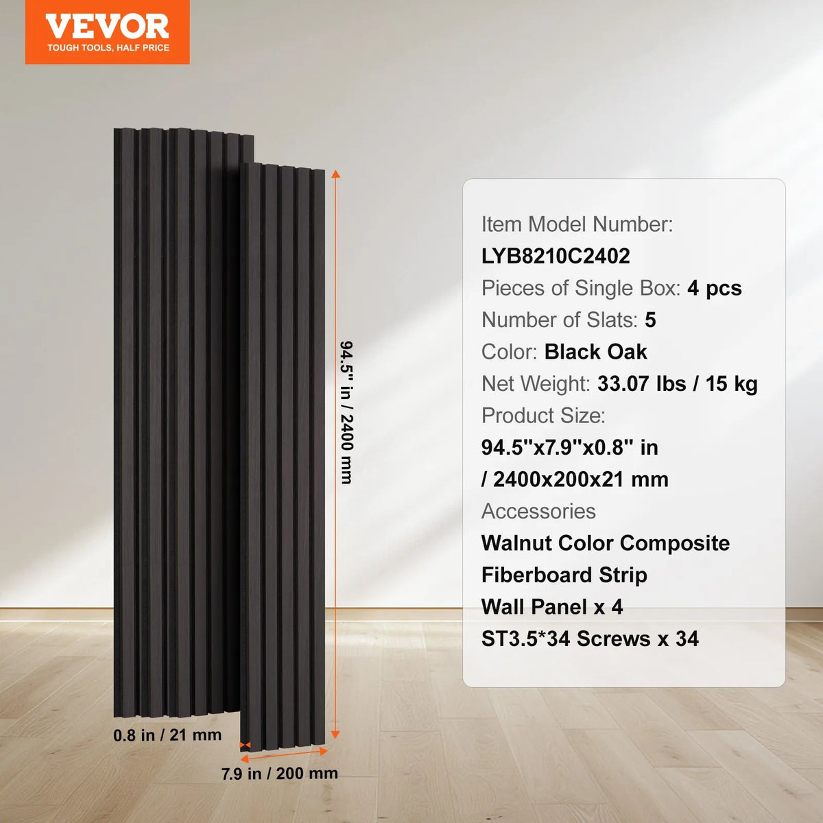 VEVOR Wood Slat Acoustic Panels, 200 × 2400 mm, MDF Accent Wall Panels for Modern Interior Design, Artificial Wood Wall Panels for Noise Reduction, Black Oak Colour