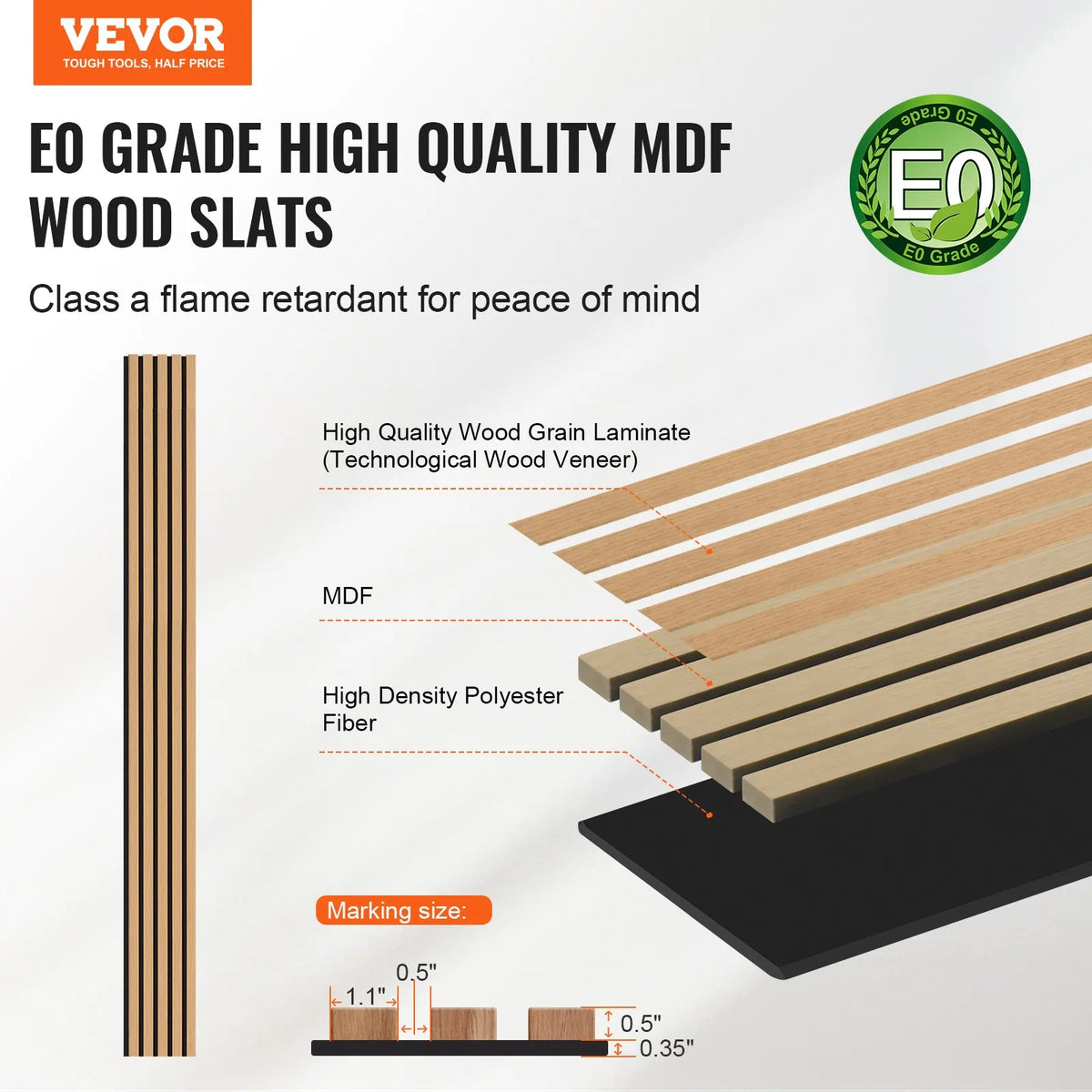 VEVOR Wood Slat Acoustic Panels, 200 × 2400 mm, MDF Accent Wall Panels for Modern Interior Design, Artificial Wood Wall Panels for Noise Reduction, Light Oak Colour