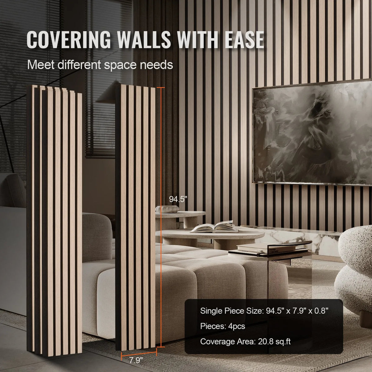 VEVOR Wood Slat Acoustic Panels, 200 × 2400 mm, MDF Accent Wood Wall Panels for Modern Interior Décor, Artificial Wood Wall Panels for Noise Reduction, Silver Oak Colour