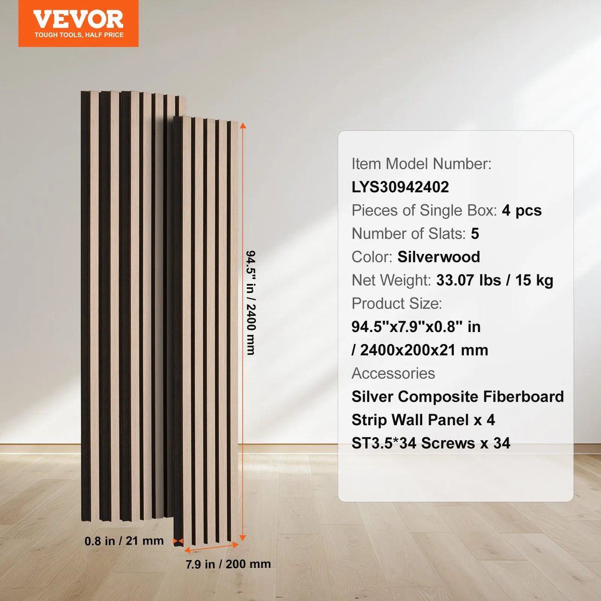 VEVOR Wood Slat Acoustic Panels, 200 × 2400 mm, MDF Accent Wood Wall Panels for Modern Interior Décor, Artificial Wood Wall Panels for Noise Reduction, Silver Oak Colour
