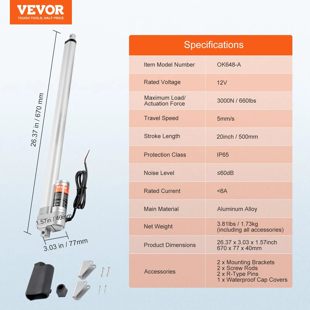 VEVOR lineārais aktuators 12 V 50,8 cm IP65 ūdensizturīgs 3000 N 5 mm/s lineārās kustības aktuators ar montāžas kronšteinu lietošanai ārā