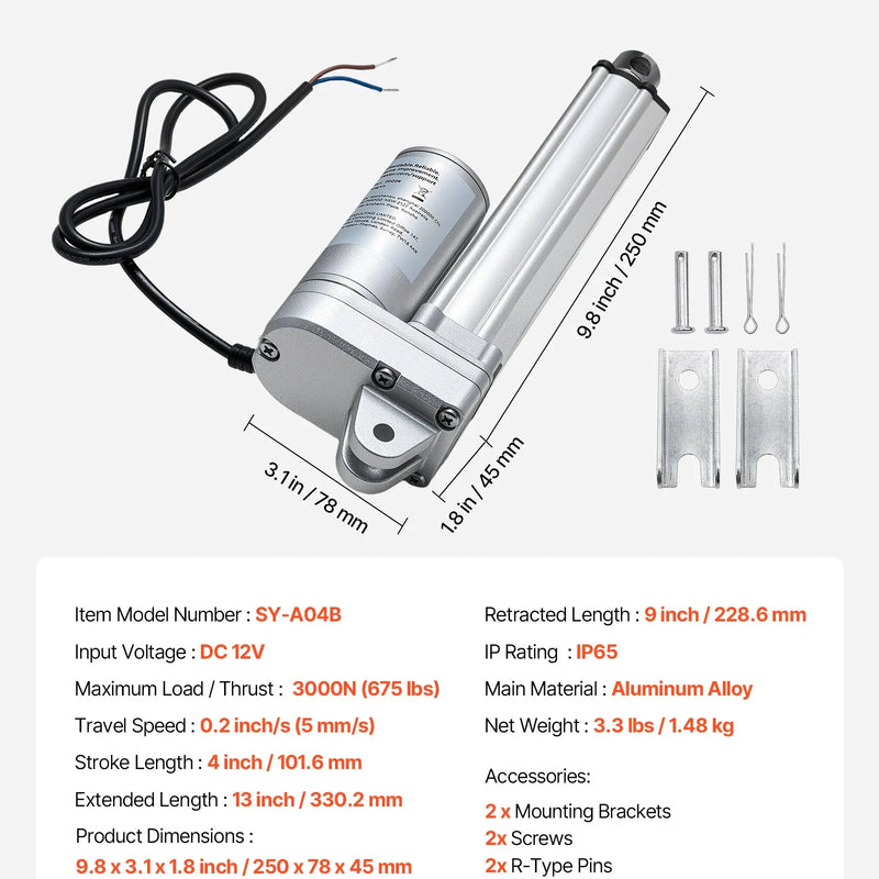 VEVOR lineārais aktuators 12 V 10,2 cm IP65 ūdensizturīgs 3000 N 5 mm/s lineārās kustības aktuators ar montāžas kronšteiniem saules paneļu izsekošanas sistēmām industriālajām iekārtām un durvju atvērējiem
