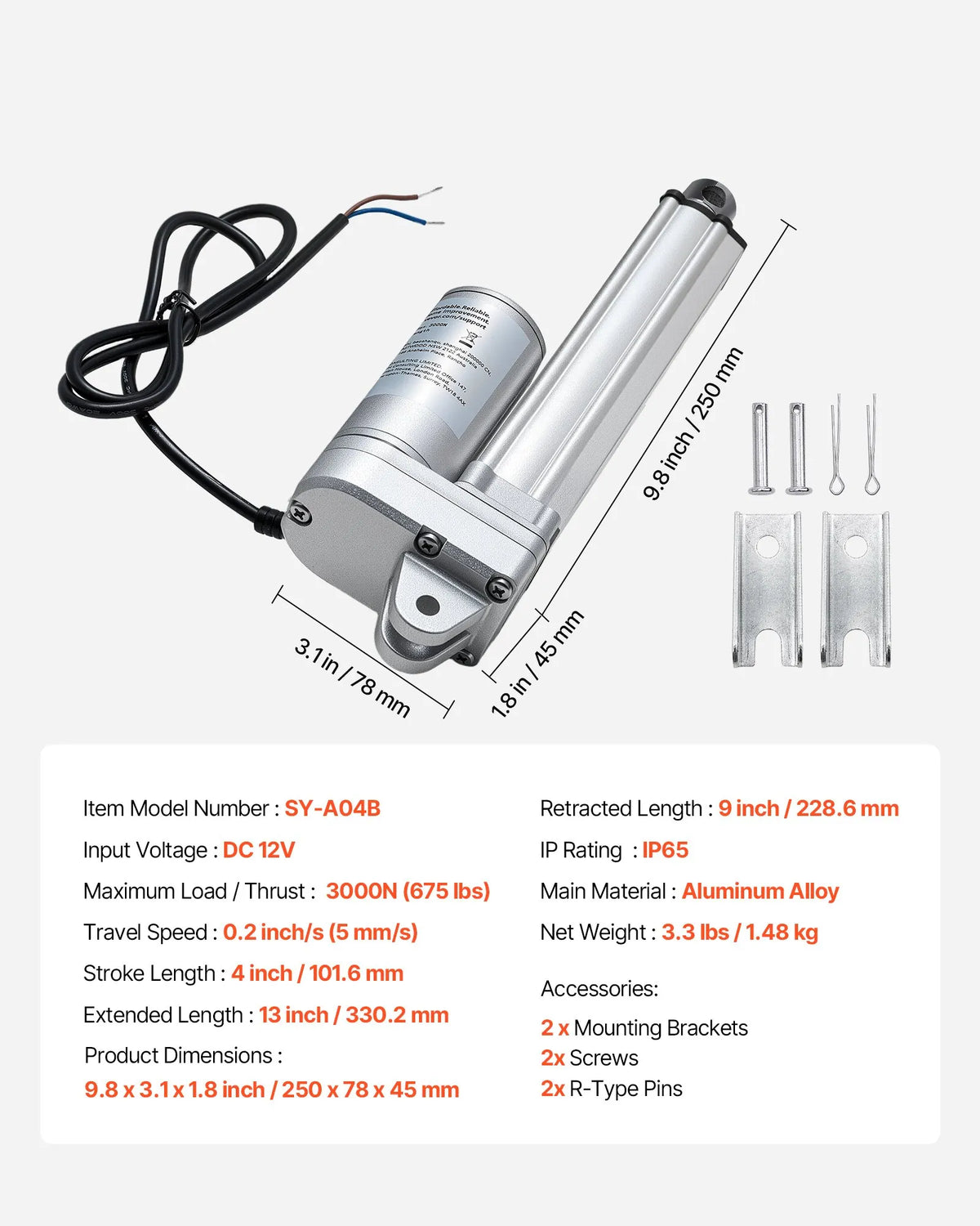 VEVOR Linear Actuator 12 V 10.2 cm IP65 Waterproof 3000 N 5 mm/s Linear Motion Actuator with Mounting Brackets for Solar Panel Tracking Systems Industrial Equipment and Door Openers