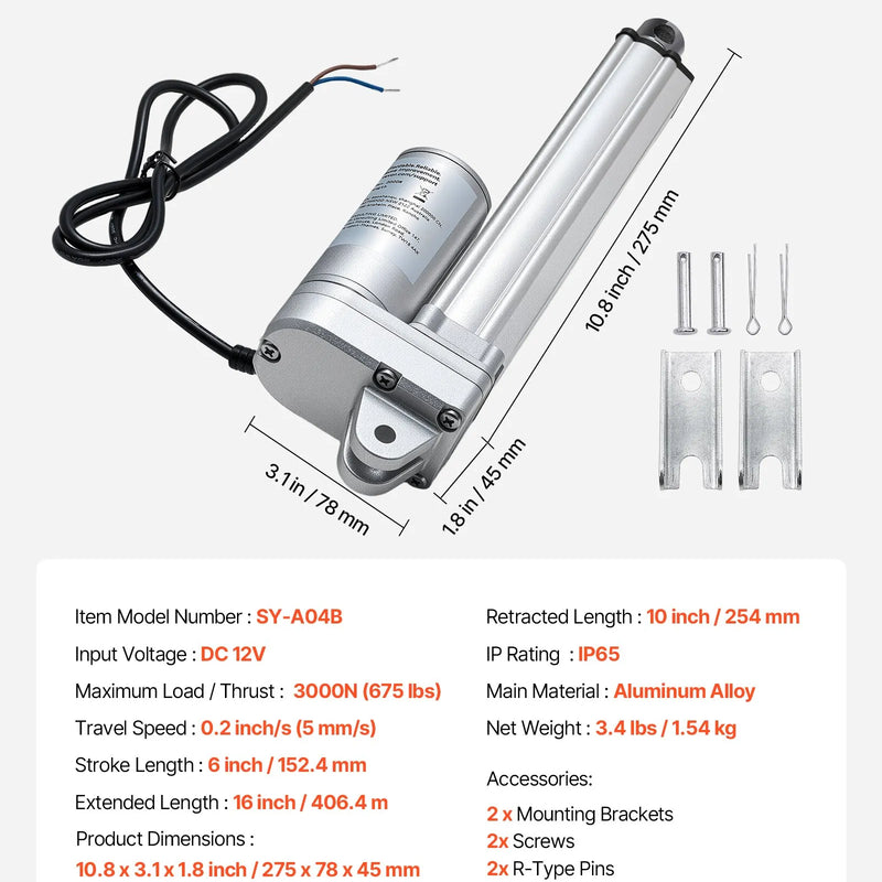 VEVOR 12 V lineārais aktuators 15,2 cm IP65 ūdensizturīgs lineārais aktuators 3000 N 5 mm/s ar montāžas kronšteiniem saules izsekošanas sistēmām industriālajām iekārtām un durvju atvērējiem