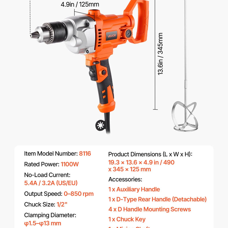VEVOR urbjmaisītājs, 12,7 mm vadu elektriskais urbjmaisītāja komplekts, 0–850 apgr./min, 3,2 A maisīšanas urbjmašīna, maisīšanas iekārta ar D veida rokturi urbšanai un maisīšanai, rokas cementa maisītājs barībai, krāsai un cementam