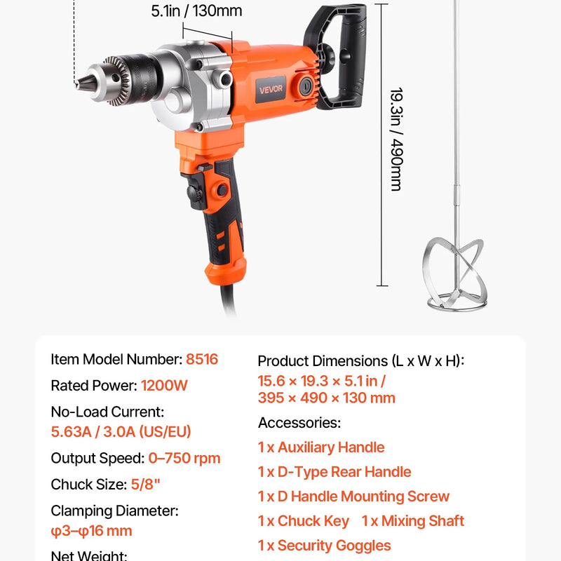 VEVOR urbjmaisītājs, 15,89 mm vadu elektriskais urbjmaisītāja komplekts, 0–750 apgr./min, 3 A maisīšanas urbjmašīna, maisīšanas iekārta ar D veida rokturi urbšanai un maisīšanai, rokas cementa maisītājs barībai, krāsai un cementam