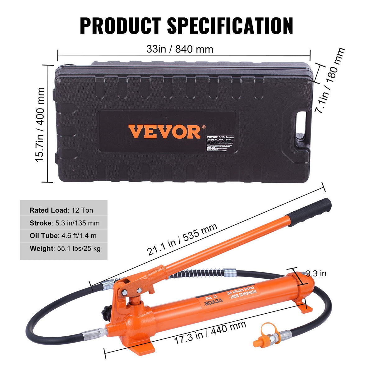 VEVOR 12 Tonne Hydraulic Floor Jack with Air Pump, Lift and Cylinder Frame, Porta Power Repair Kit