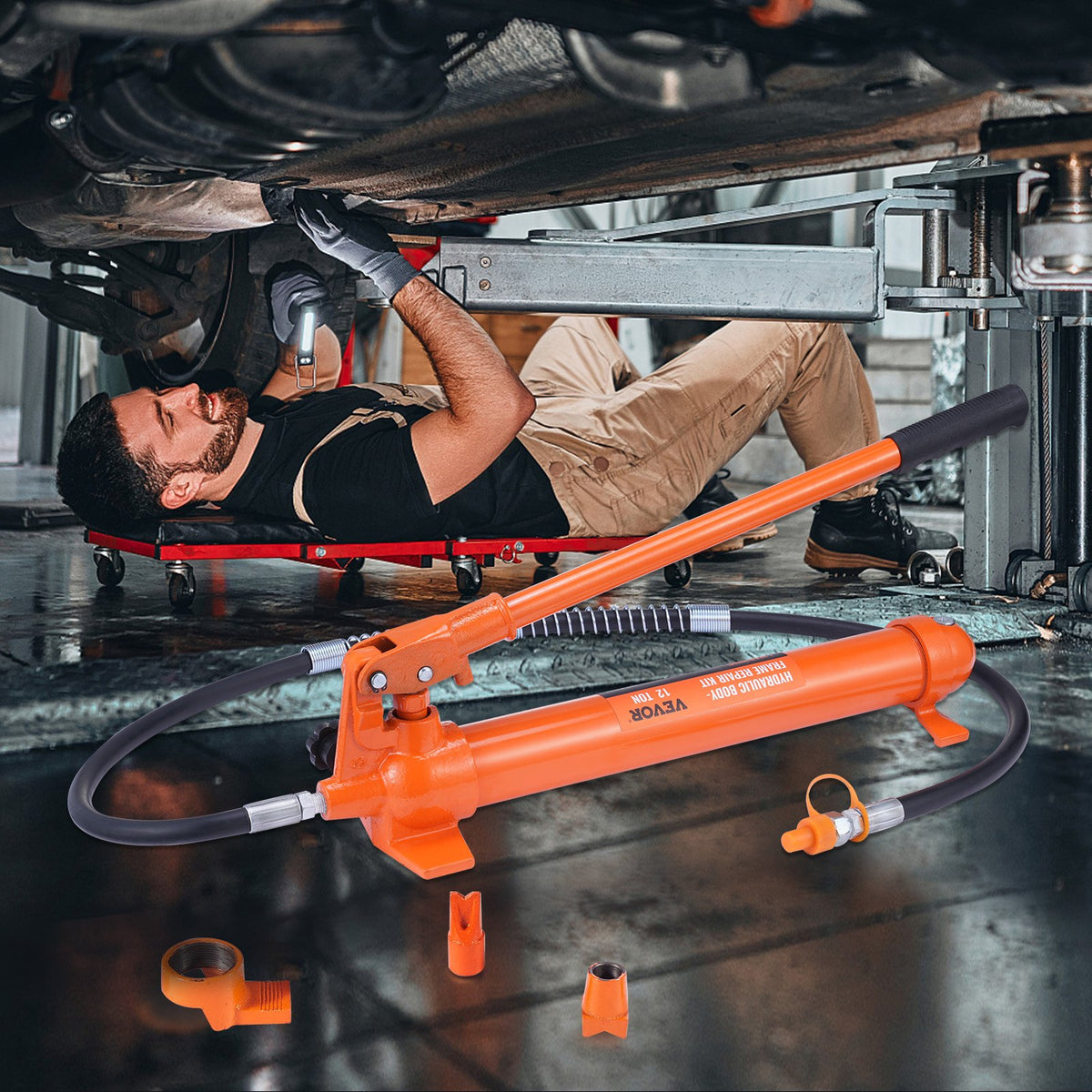 VEVOR 12 Tonne Hydraulic Floor Jack with Air Pump, Lift and Cylinder Frame, Porta Power Repair Kit