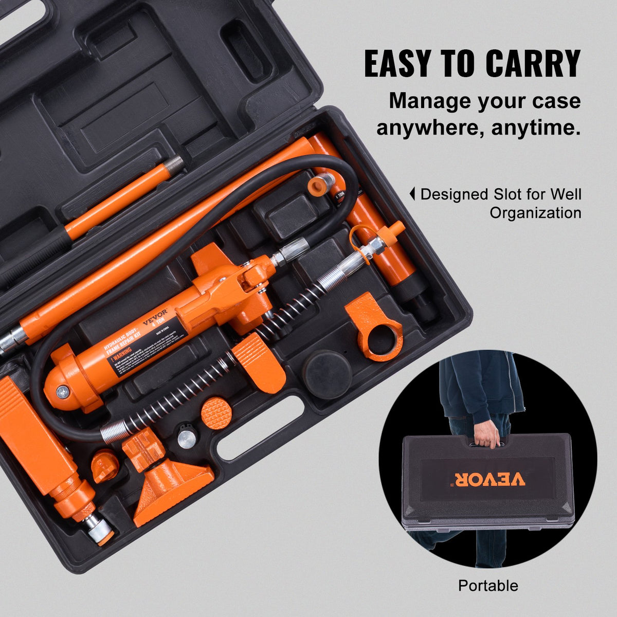 VEVOR Portable Hydraulic Lift Kit, 4 t Lifting Capacity, with 1.2 m Oil Hose, for Car Body Repair, Trucks and Agricultural Machinery, Includes Storage Box