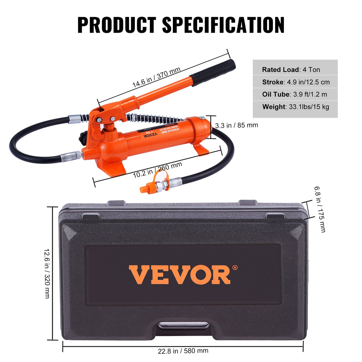 VEVOR Portable Hydraulic Lift Kit, 4 t Lifting Capacity, with 1.2 m Oil Hose, for Car Body Repair, Trucks and Agricultural Machinery, Includes Storage Box