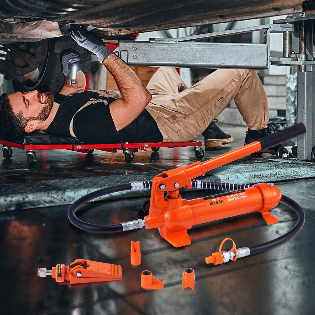 VEVOR Portable Hydraulic Lift Kit, 4 t Lifting Capacity, with 1.2 m Oil Hose, for Car Body Repair, Trucks and Agricultural Machinery, Includes Storage Box