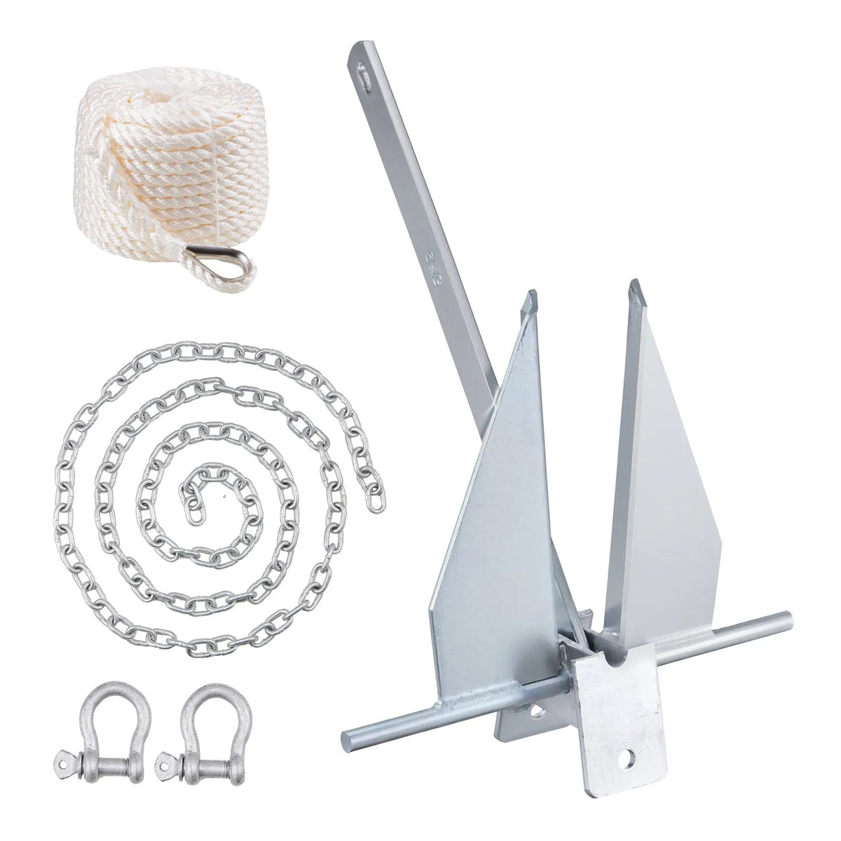 Fluke-type anchor kit, 5.9 kg hot-dip galvanised steel Fluke anchor with 2.4 m chain, 30.8 m rope and two 10 mm shackles, boat anchor for small boats up to 9 m long, suitable for seas, rivers and coastal areas