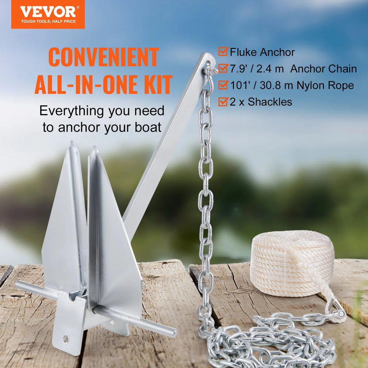 Fluke-type anchor kit, 5.9 kg hot-dip galvanised steel Fluke anchor with 2.4 m chain, 30.8 m rope and two 10 mm shackles, boat anchor for small boats up to 9 m long, suitable for seas, rivers and coastal areas