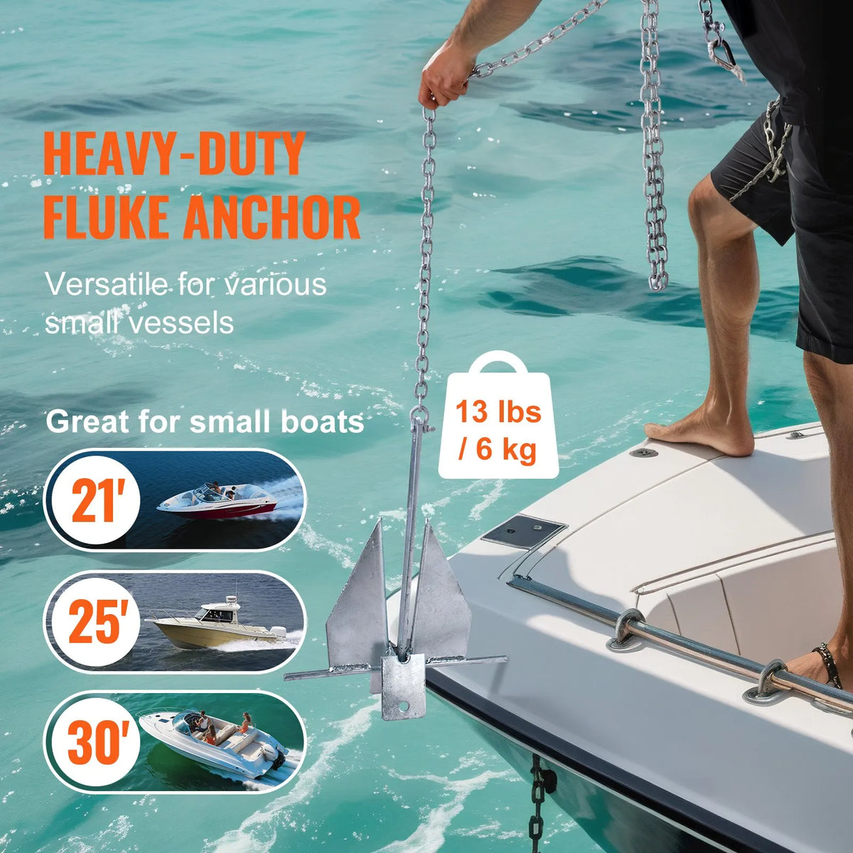 Fluke-type anchor kit, 5.9 kg hot-dip galvanised steel Fluke anchor with 2.4 m chain, 30.8 m rope and two 10 mm shackles, boat anchor for small boats up to 9 m long, suitable for seas, rivers and coastal areas