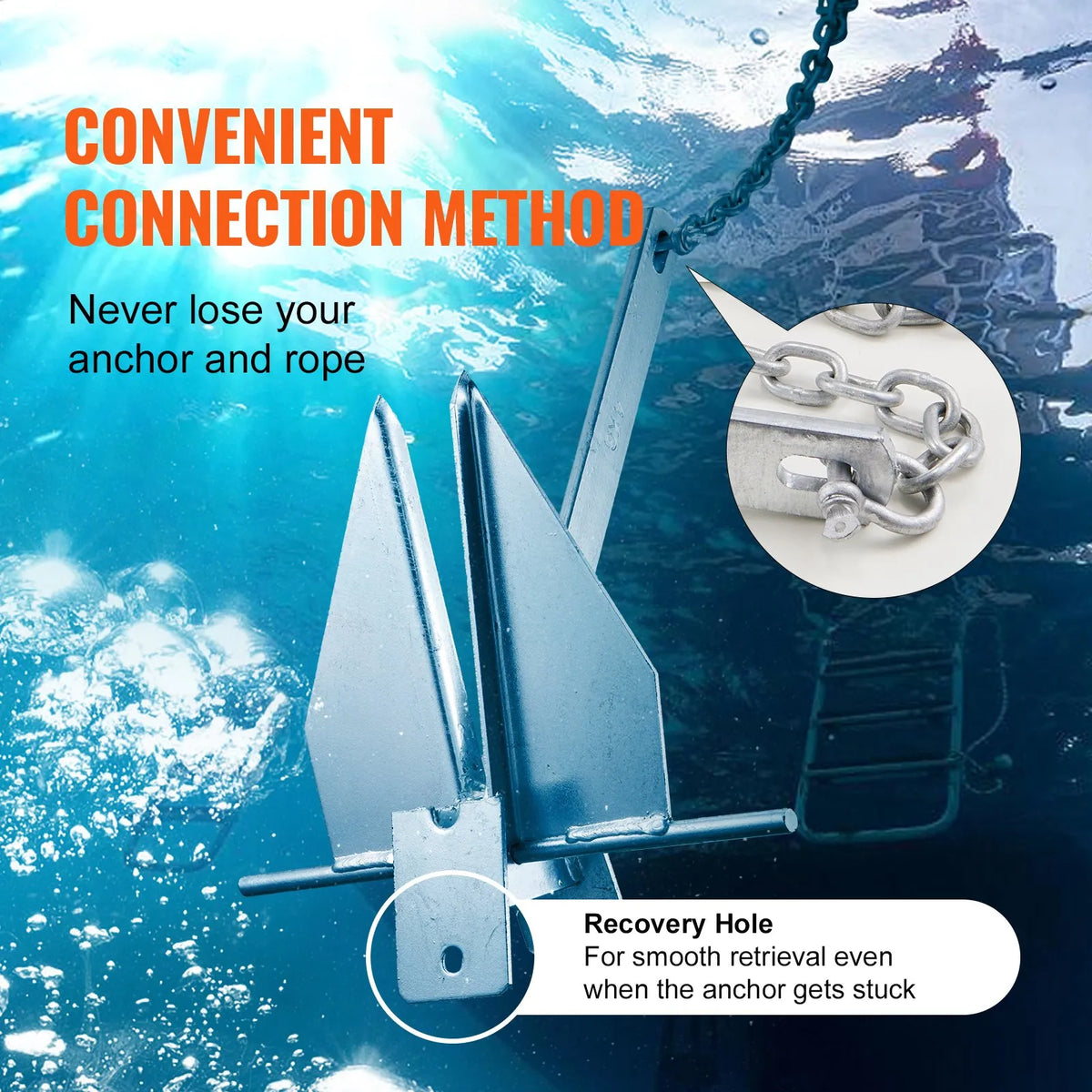 Fluke-type anchor kit, 5.9 kg hot-dip galvanised steel Fluke anchor with 2.4 m chain, 30.8 m rope and two 10 mm shackles, boat anchor for small boats up to 9 m long, suitable for seas, rivers and coastal areas