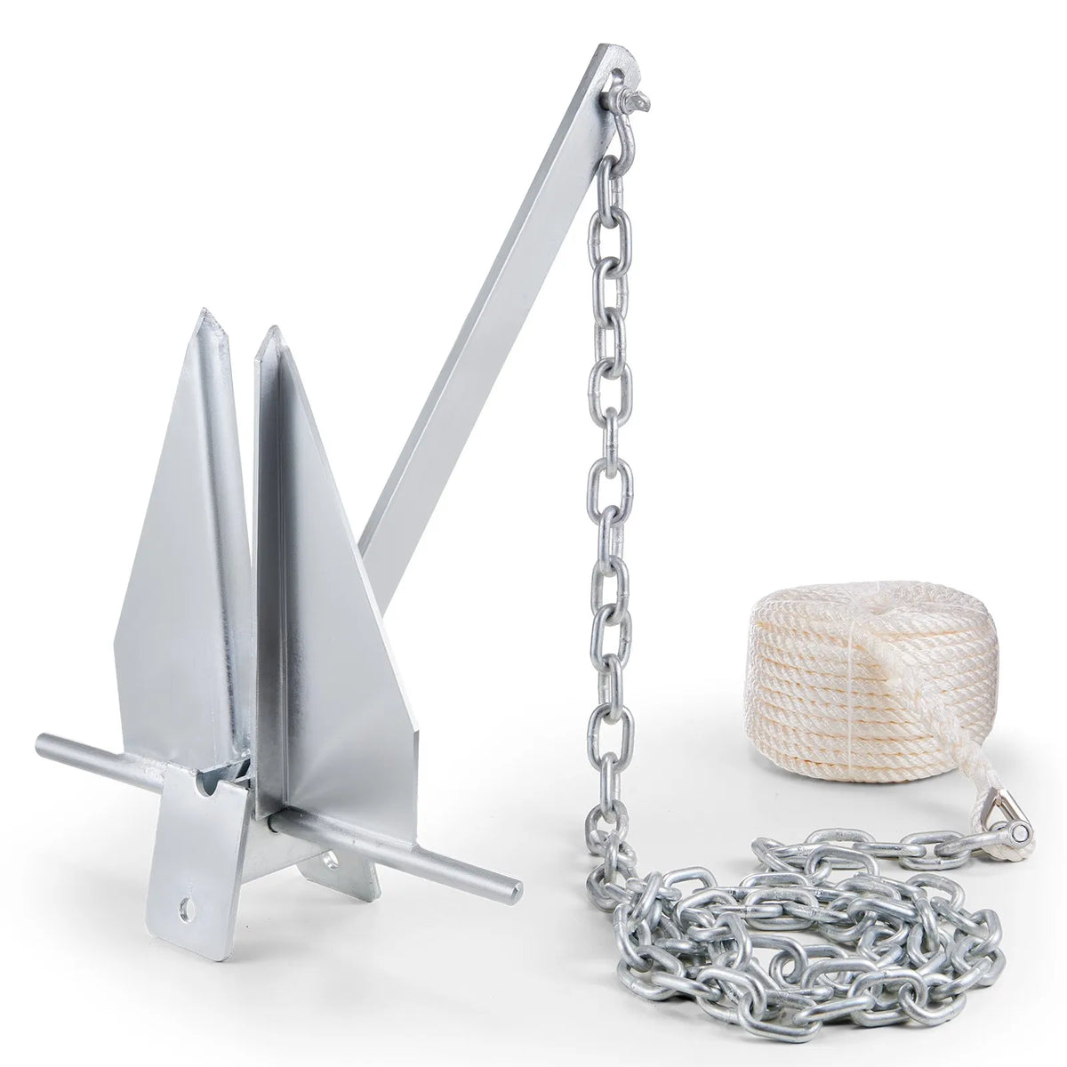 Fluke-type anchor kit, 5.9 kg hot-dip galvanised steel Fluke anchor with 2.4 m chain, 30.8 m rope and two 10 mm shackles, boat anchor for small boats up to 9 m long, suitable for seas, rivers and coastal areas