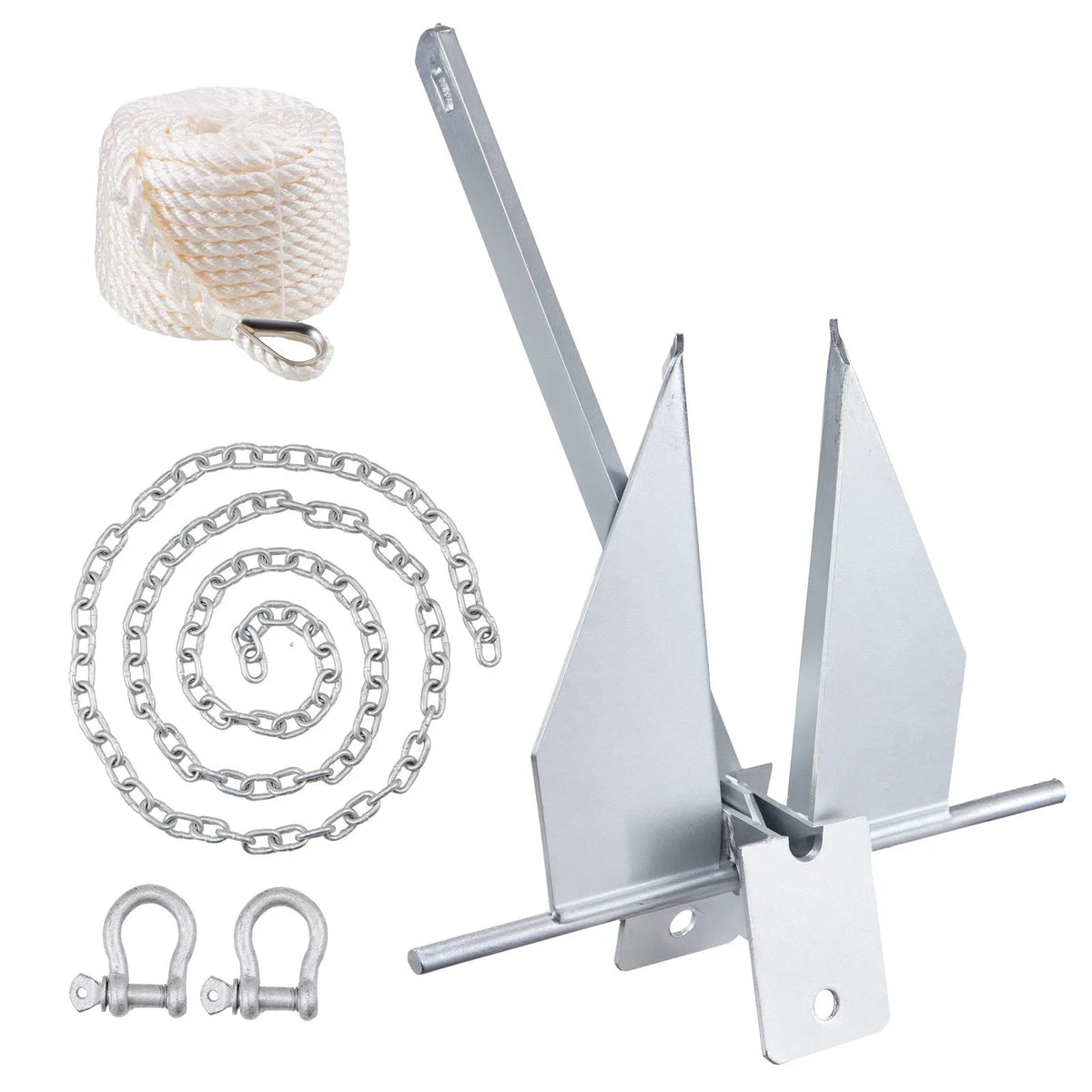 Fluke anchor kit, 3.9 kg hot-dip galvanised steel fluke anchor with 2.4 m chain, 22.8 m rope and two 10 mm shackles, marine boat anchor for small vessels up to 5.5 m, suitable for sea, rivers and coastal areas