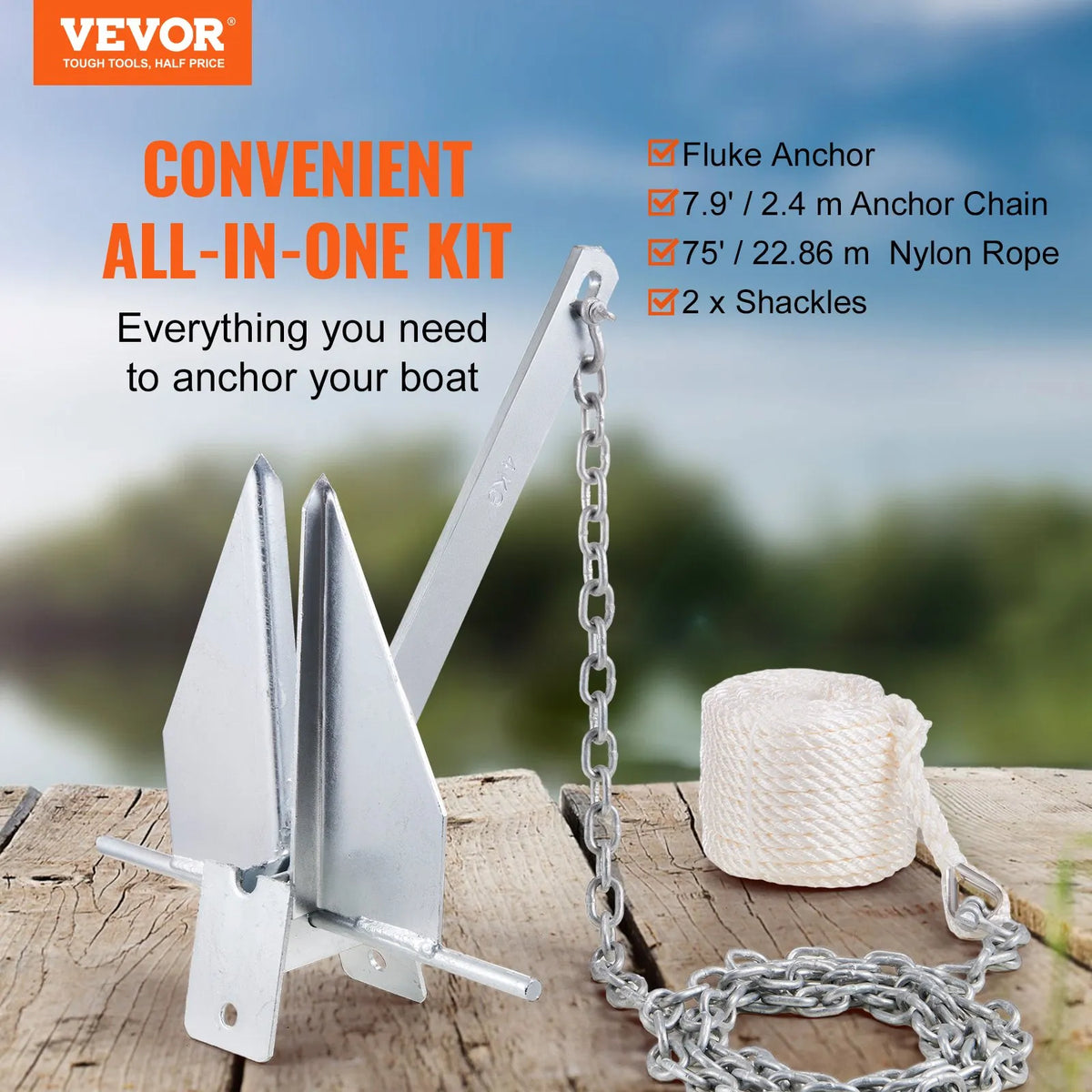 Fluke anchor kit, 3.9 kg hot-dip galvanised steel fluke anchor with 2.4 m chain, 22.8 m rope and two 10 mm shackles, marine boat anchor for small vessels up to 5.5 m, suitable for sea, rivers and coastal areas
