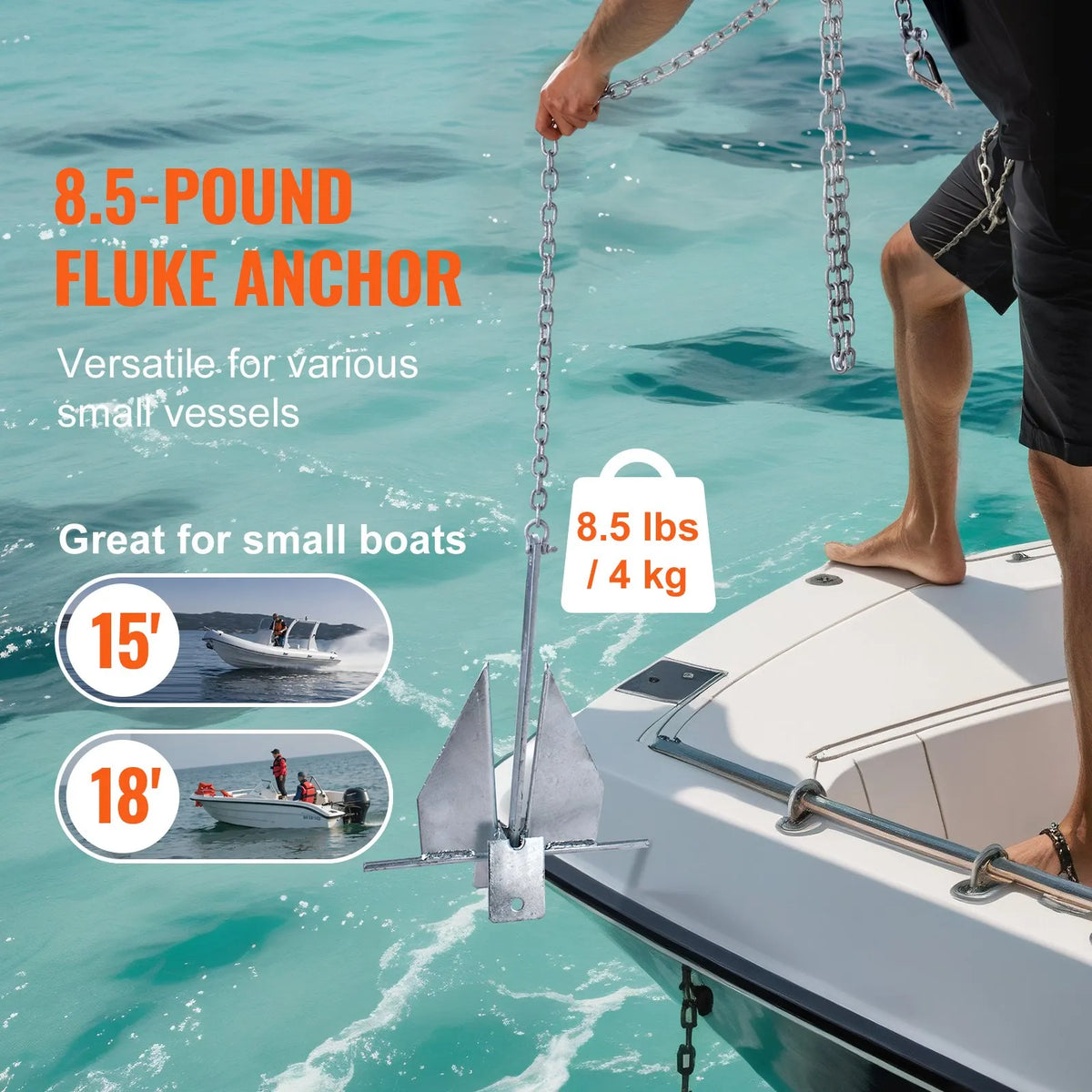 Fluke anchor kit, 3.9 kg hot-dip galvanised steel fluke anchor with 2.4 m chain, 22.8 m rope and two 10 mm shackles, marine boat anchor for small vessels up to 5.5 m, suitable for sea, rivers and coastal areas