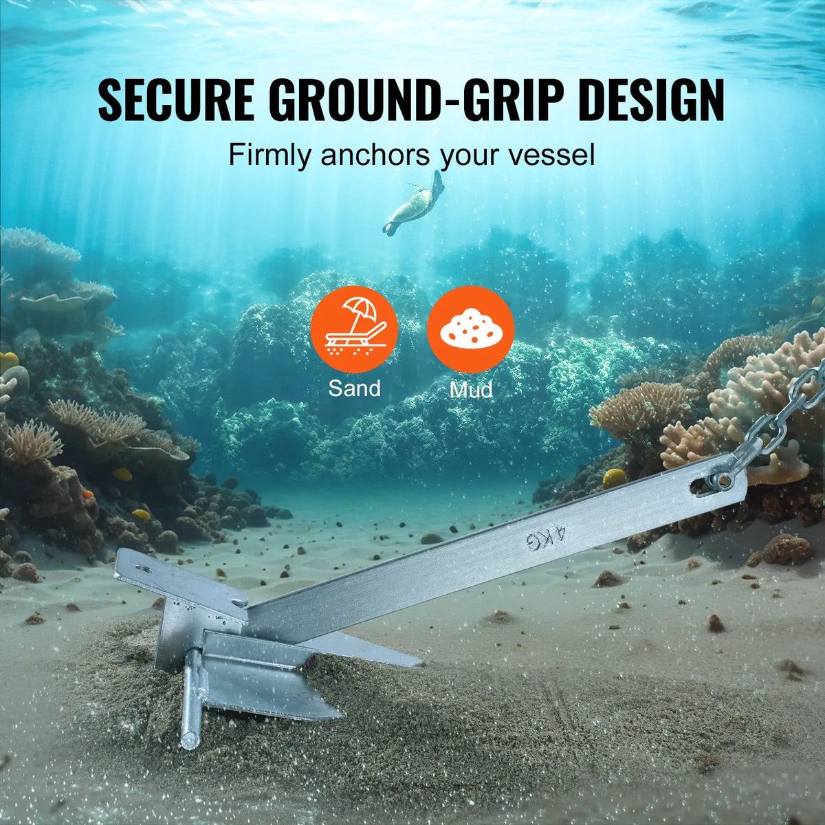 Fluke anchor kit, 3.9 kg hot-dip galvanised steel fluke anchor with 2.4 m chain, 22.8 m rope and two 10 mm shackles, marine boat anchor for small vessels up to 5.5 m, suitable for sea, rivers and coastal areas