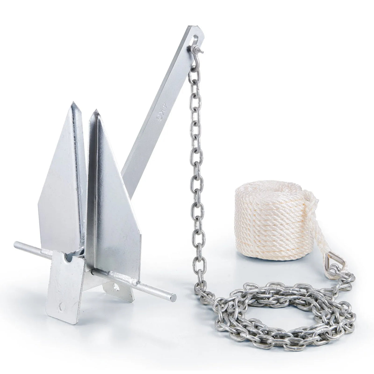 Fluke anchor kit, 3.9 kg hot-dip galvanised steel fluke anchor with 2.4 m chain, 22.8 m rope and two 10 mm shackles, marine boat anchor for small vessels up to 5.5 m, suitable for sea, rivers and coastal areas