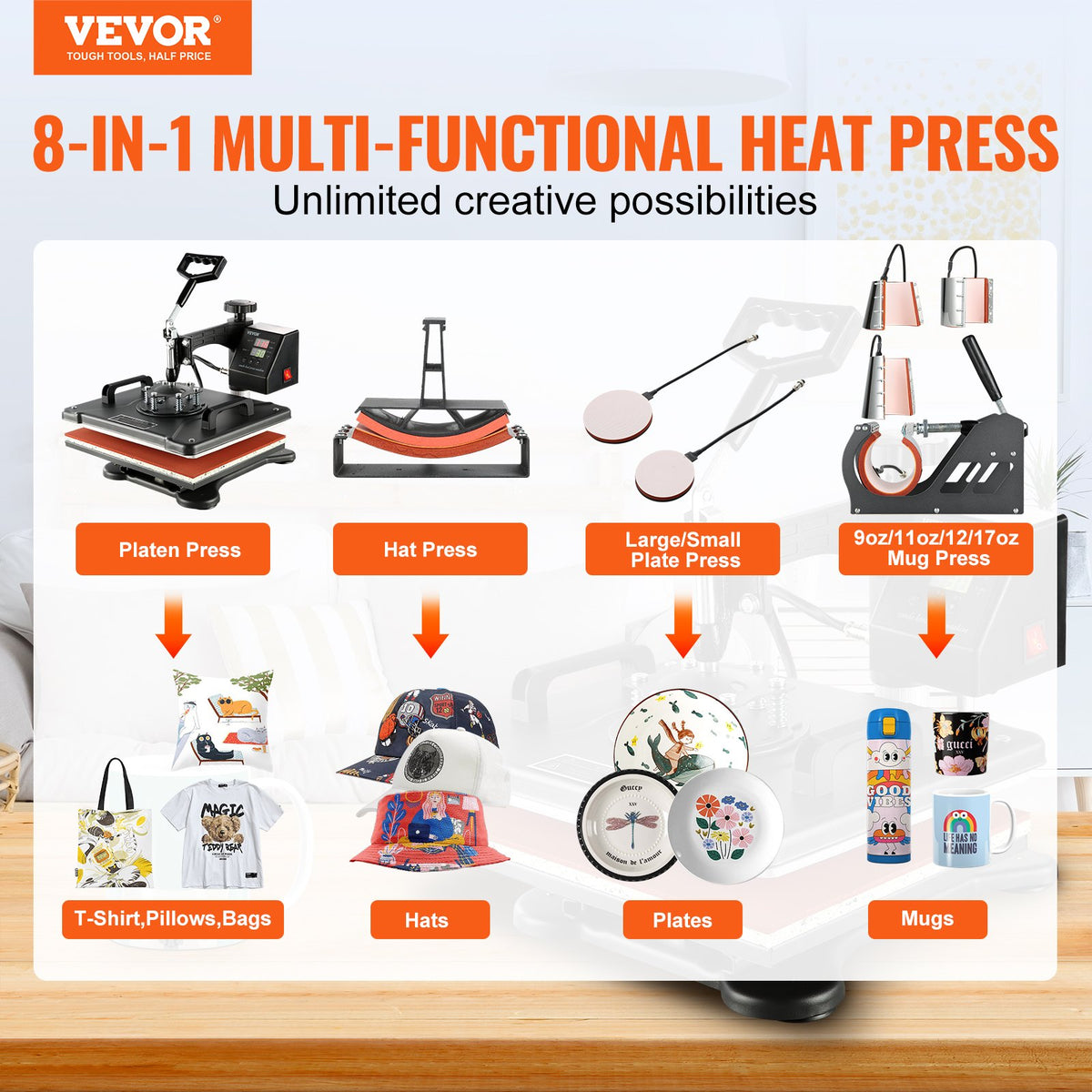 VEVOR Heat Press 38 × 30 cm 8-in-1 for T-shirts, Mugs, Caps and Plates