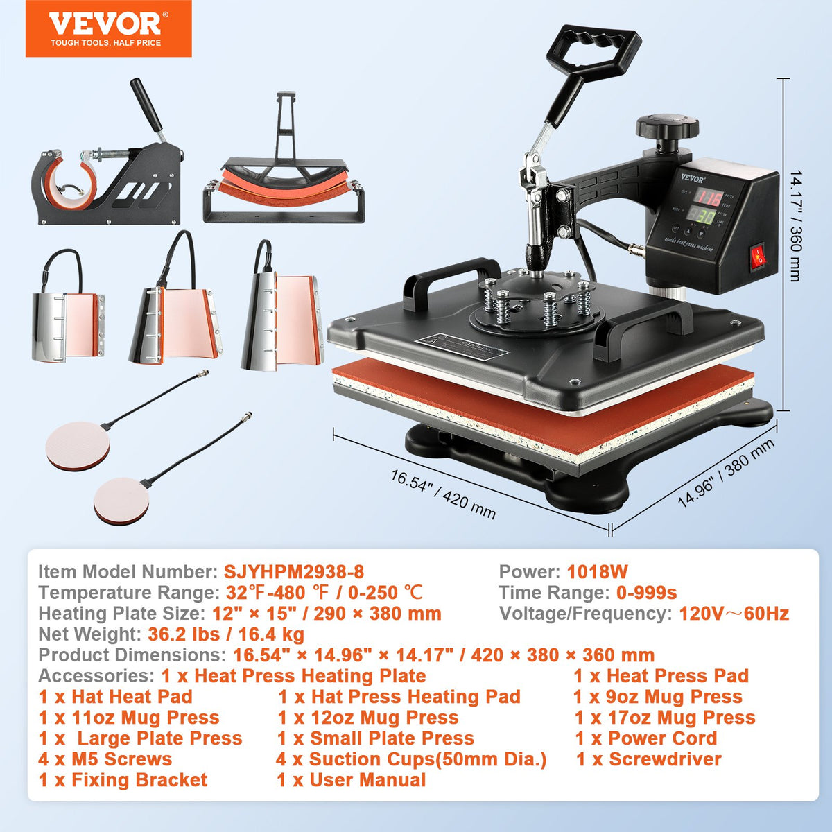 VEVOR Heat Press 38 × 30 cm 8-in-1 for T-shirts, Mugs, Caps and Plates