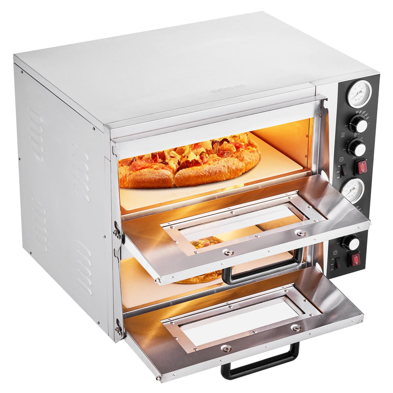 Elektriskā picas krāsns, 46 cm divstāvu galda modelis, 450 °C, ar termometru, neatkarīgu temperatūras kontroli un taimeri