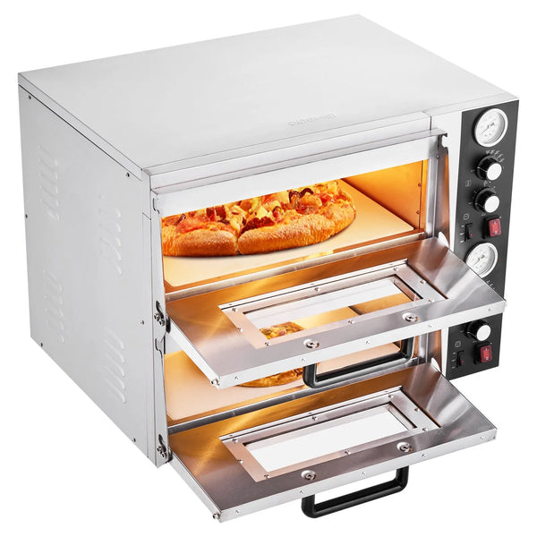 Elektriskā picas krāsns, 46 cm divstāvu galda modelis, 450 °C, ar termometru, neatkarīgu temperatūras kontroli un taimeri