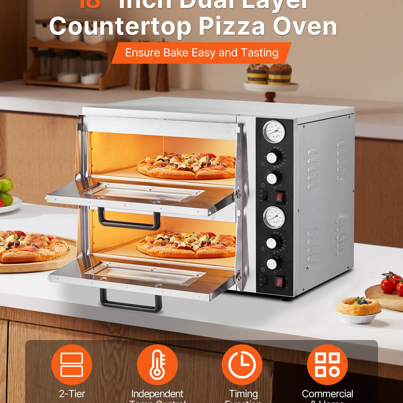 Elektriskā picas krāsns, 46 cm divstāvu galda modelis, 450 °C, ar termometru, neatkarīgu temperatūras kontroli un taimeri