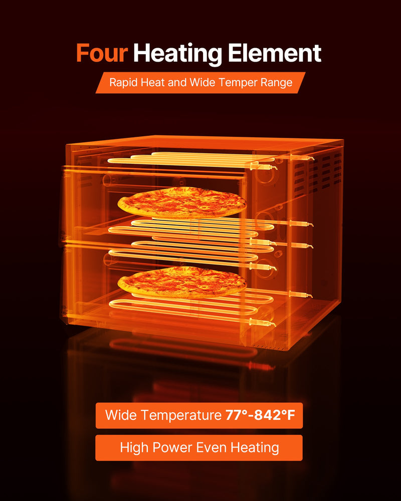 Elektriskā picas krāsns, 46 cm divstāvu galda modelis, 450 °C, ar termometru, neatkarīgu temperatūras kontroli un taimeri