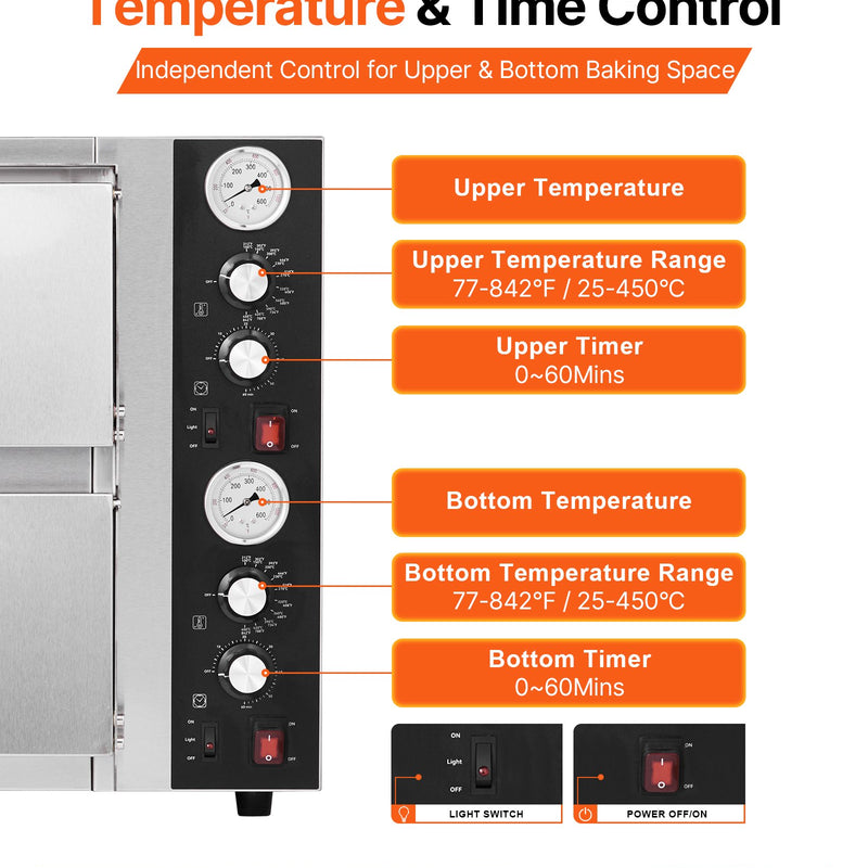 Elektriskā picas krāsns, 46 cm divstāvu galda modelis, 450 °C, ar termometru, neatkarīgu temperatūras kontroli un taimeri