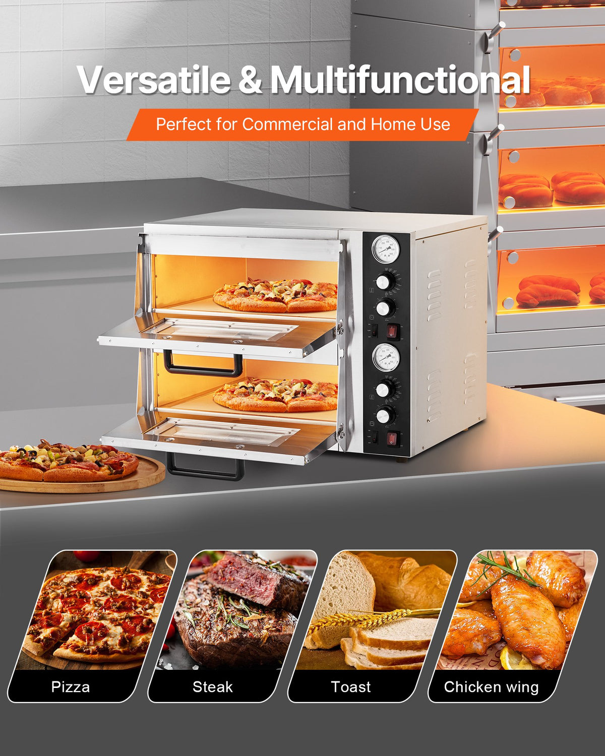 VEVOR электрическая печь для пиццы 46 см, двухъярусная, до 450 °C, с термометром и таймером, настольная