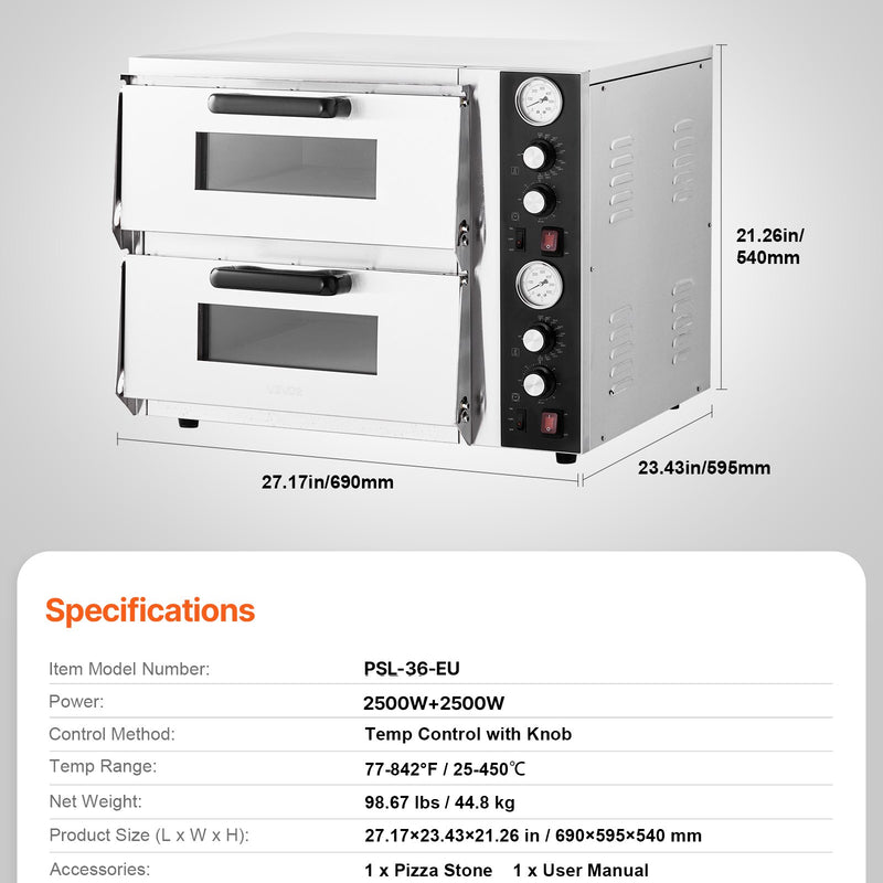 Elektriskā picas krāsns, 46 cm divstāvu galda modelis, 450 °C, ar termometru, neatkarīgu temperatūras kontroli un taimeri