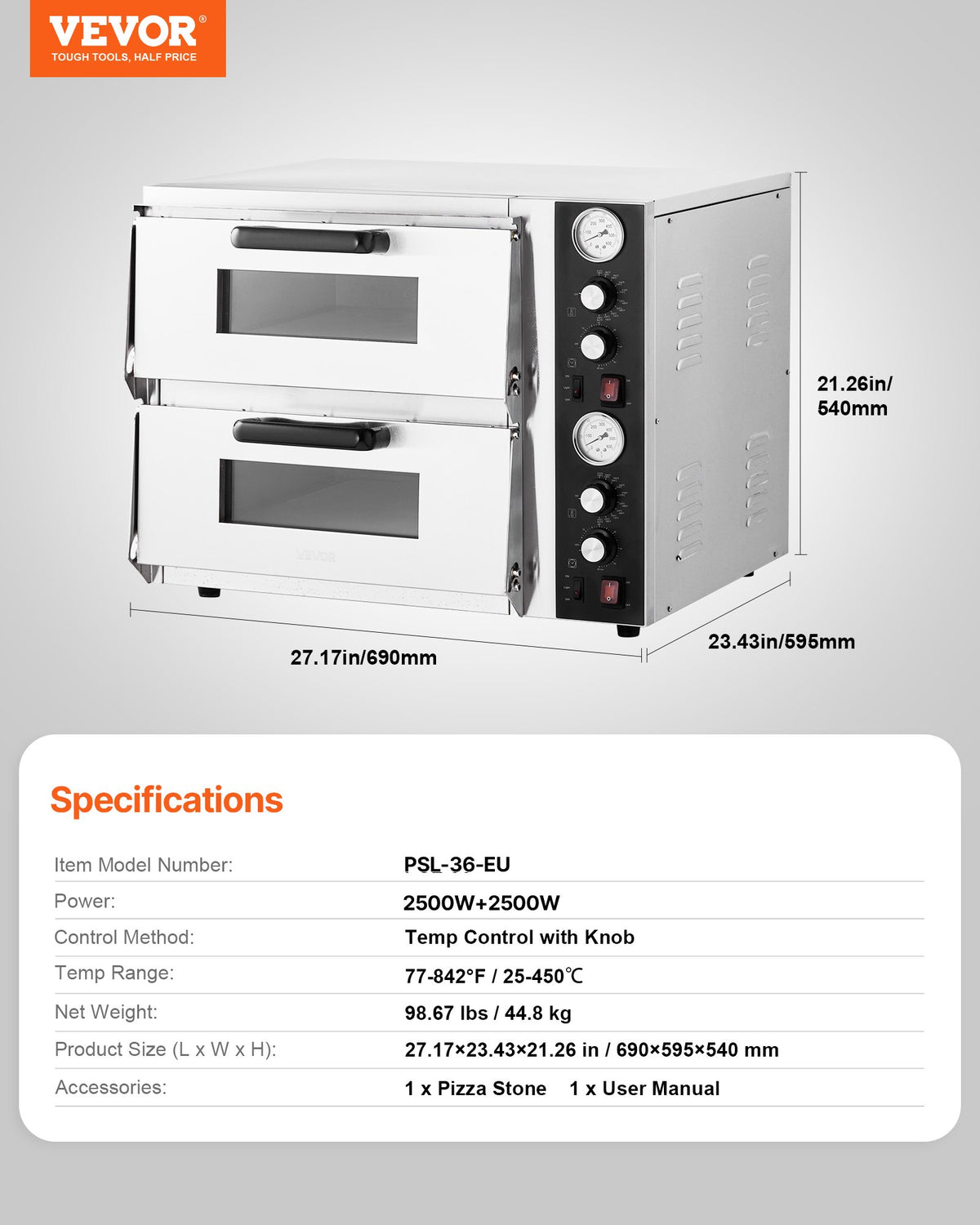 VEVOR электрическая печь для пиццы 46 см, двухъярусная, до 450 °C, с термометром и таймером, настольная