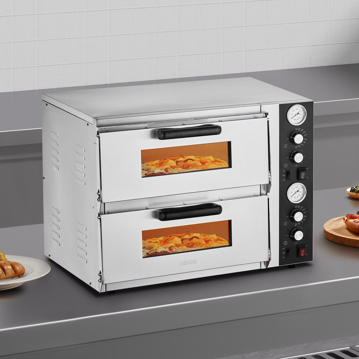 VEVOR электрическая печь для пиццы 46 см, двухъярусная, до 450 °C, с термометром и таймером, настольная