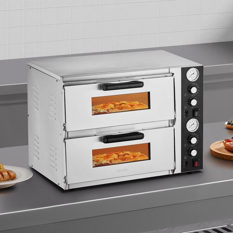 Elektriskā picas krāsns, 46 cm divstāvu galda modelis, 450 °C, ar termometru, neatkarīgu temperatūras kontroli un taimeri