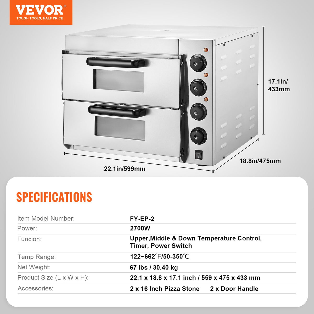 VEVOR kommertslik elektriline pitsaahi kuni 40,6 cm pitsadele, lauamudel