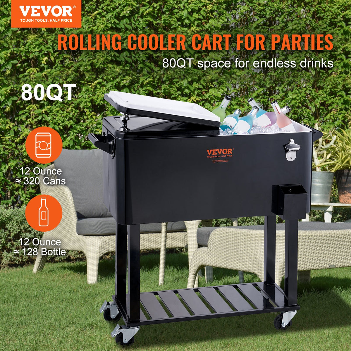 VEVOR Portable Ice Cooler 80 L on Wheels with Bottle Opener and Handles, for Bar and Terrace, Black