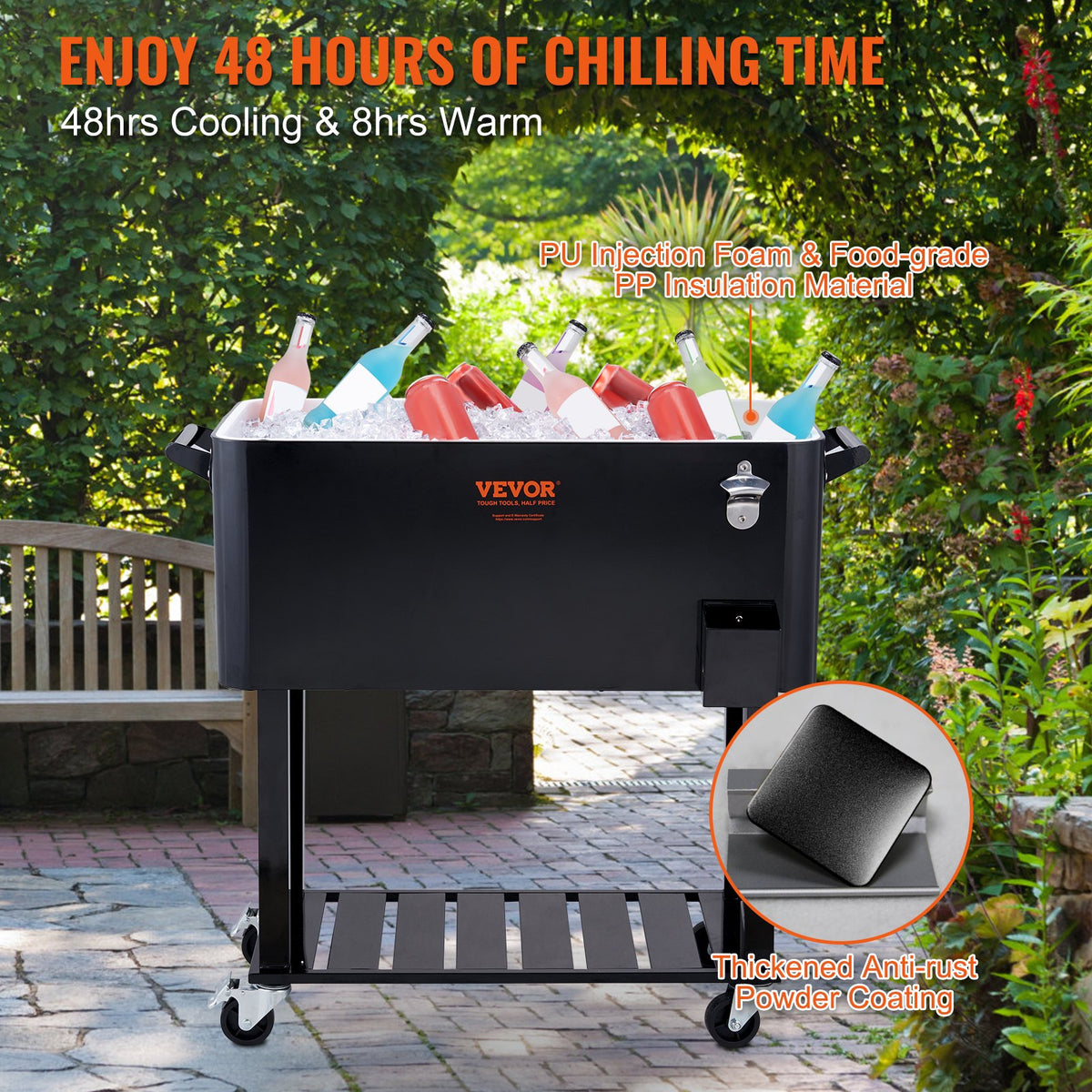 VEVOR Portable Ice Cooler 80 L on Wheels with Bottle Opener and Handles, for Bar and Terrace, Black
